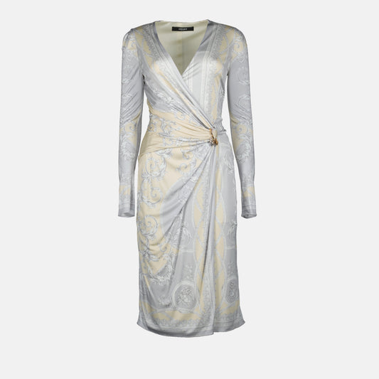 Baroque Print Wrap Midi Dress