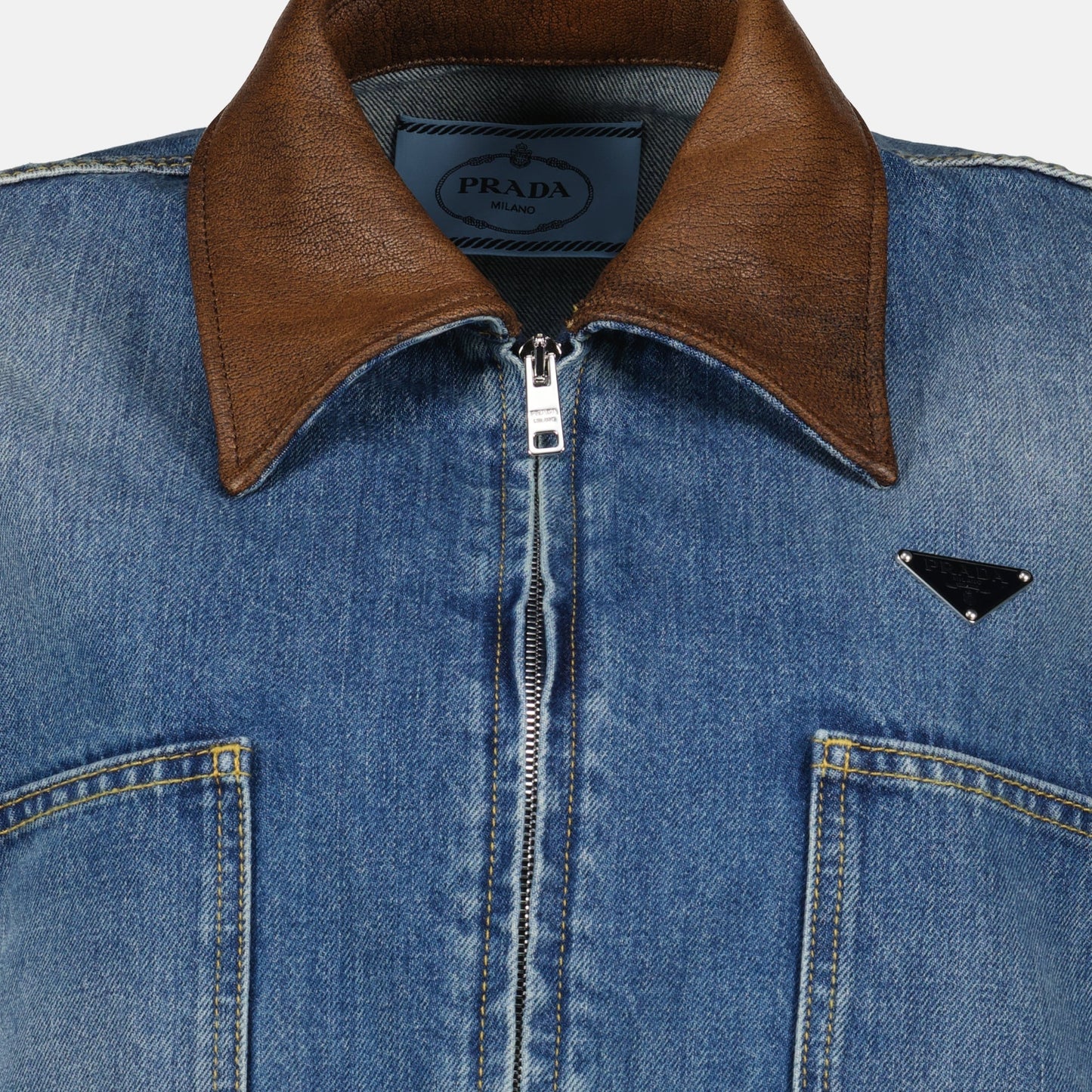 Cropped Denim Jacket with Leather Collar