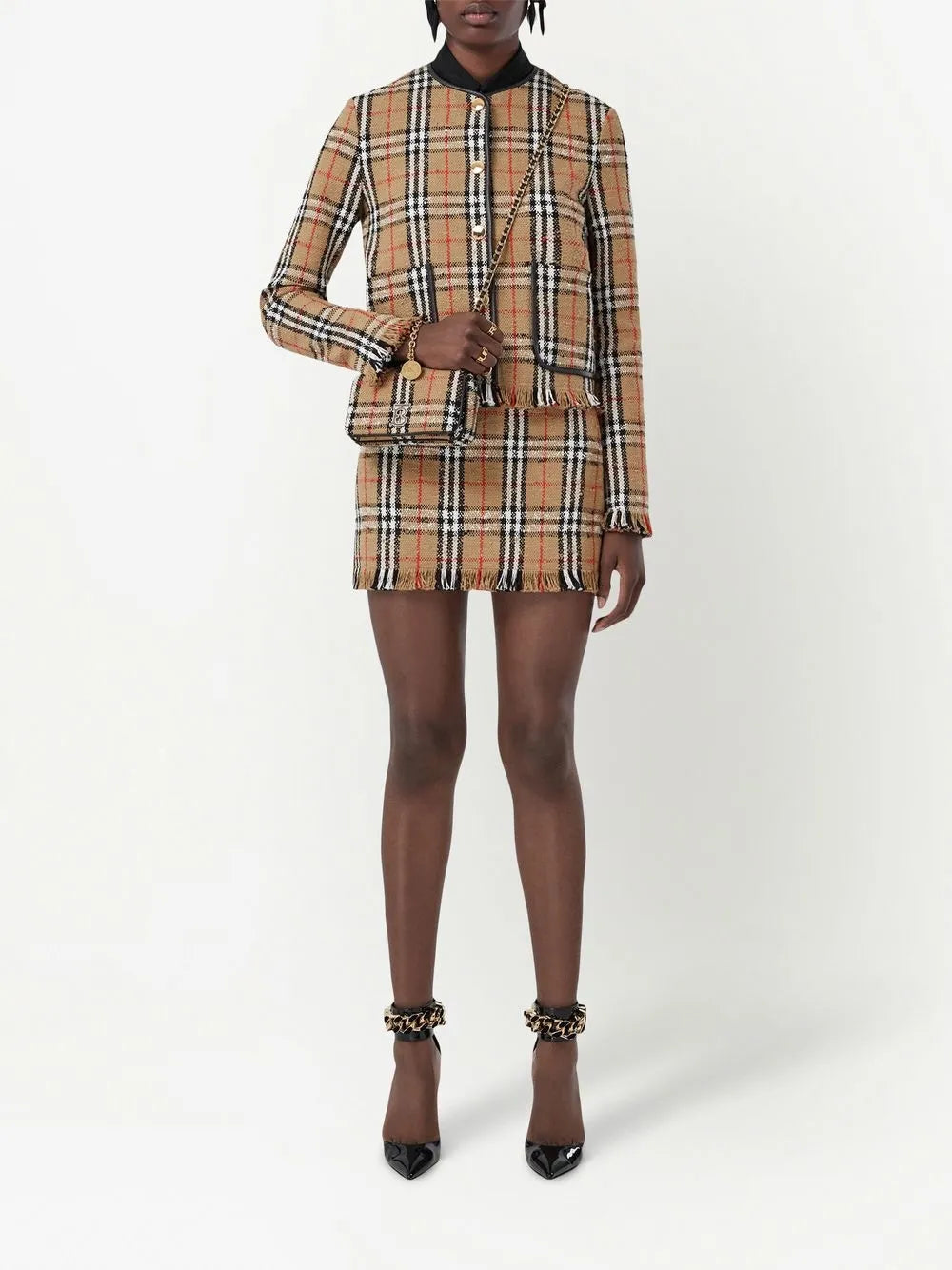 Vintage Check Tweed Fringe Jacket