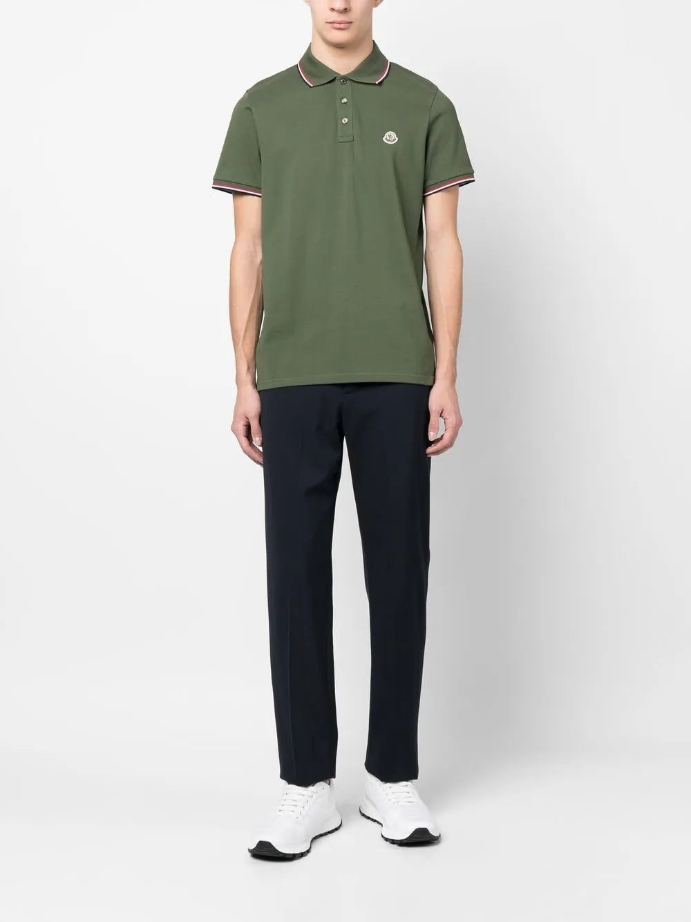 Moncler Olive Green Polo Shirt with Signature Tricolor Trim