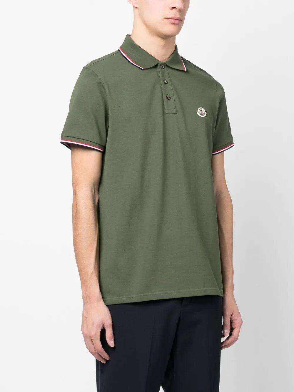 Moncler Olive Green Polo Shirt with Signature Tricolor Trim