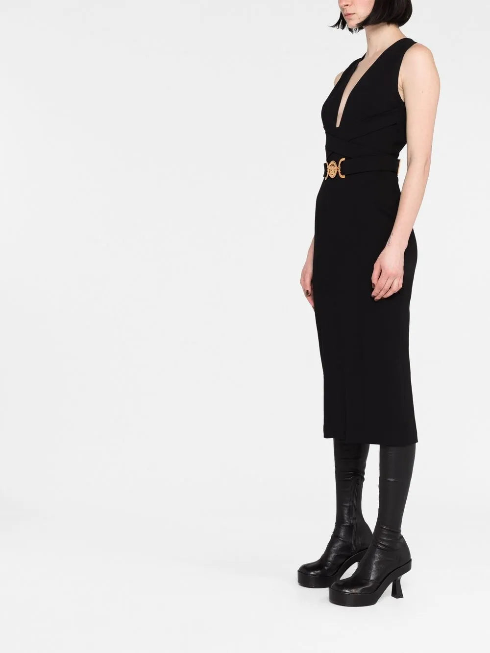 Belted V-Neck Midi Dress with Medallion Detail