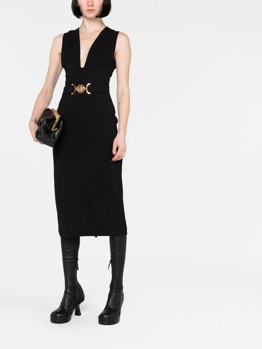 Belted V-Neck Midi Dress with Medallion Detail