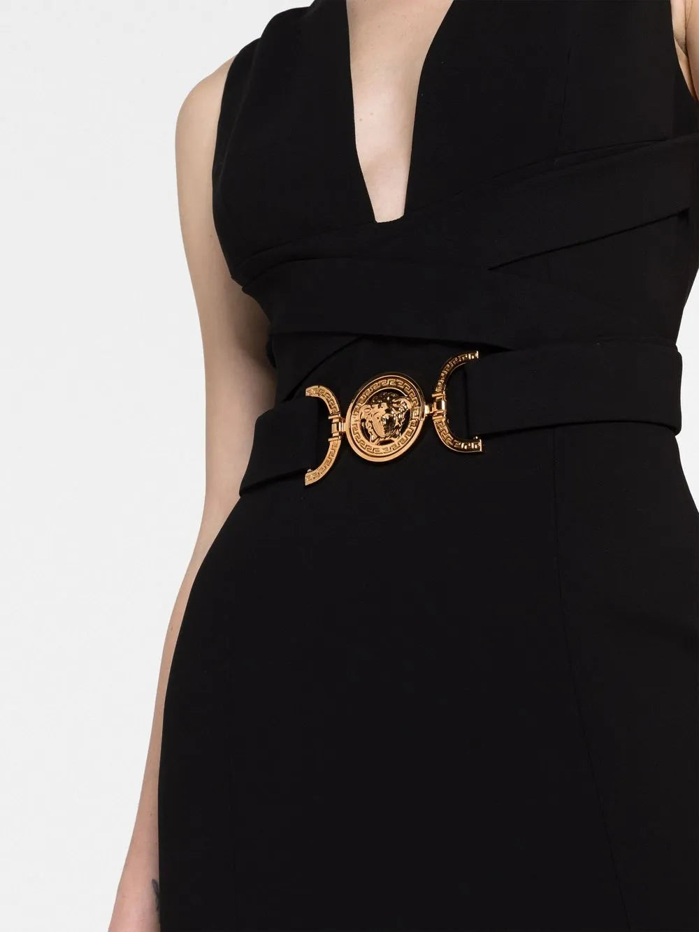 Belted V-Neck Midi Dress with Medallion Detail