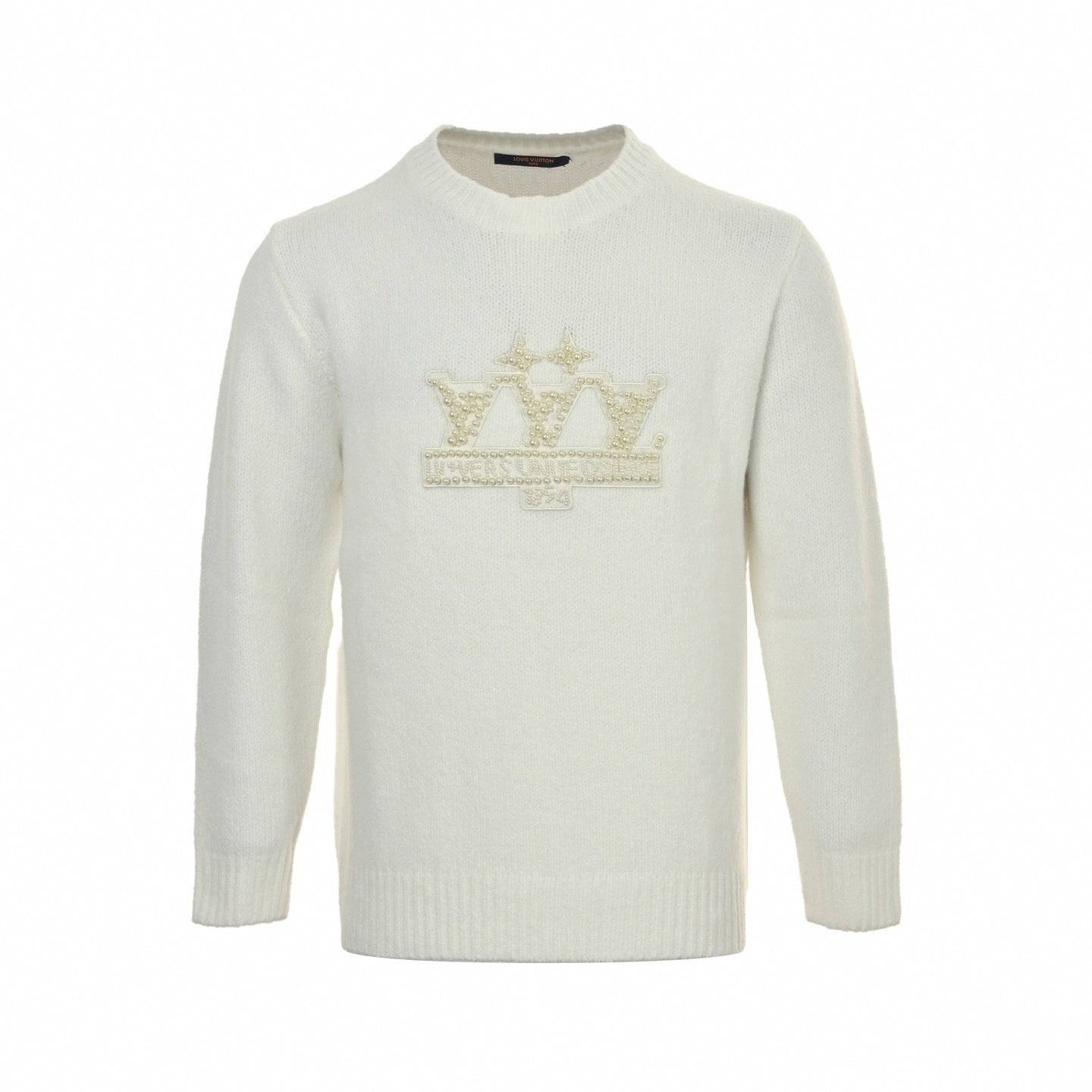 Pearl-Embellished Crown Motif Wool Knit Sweater – Ivory White