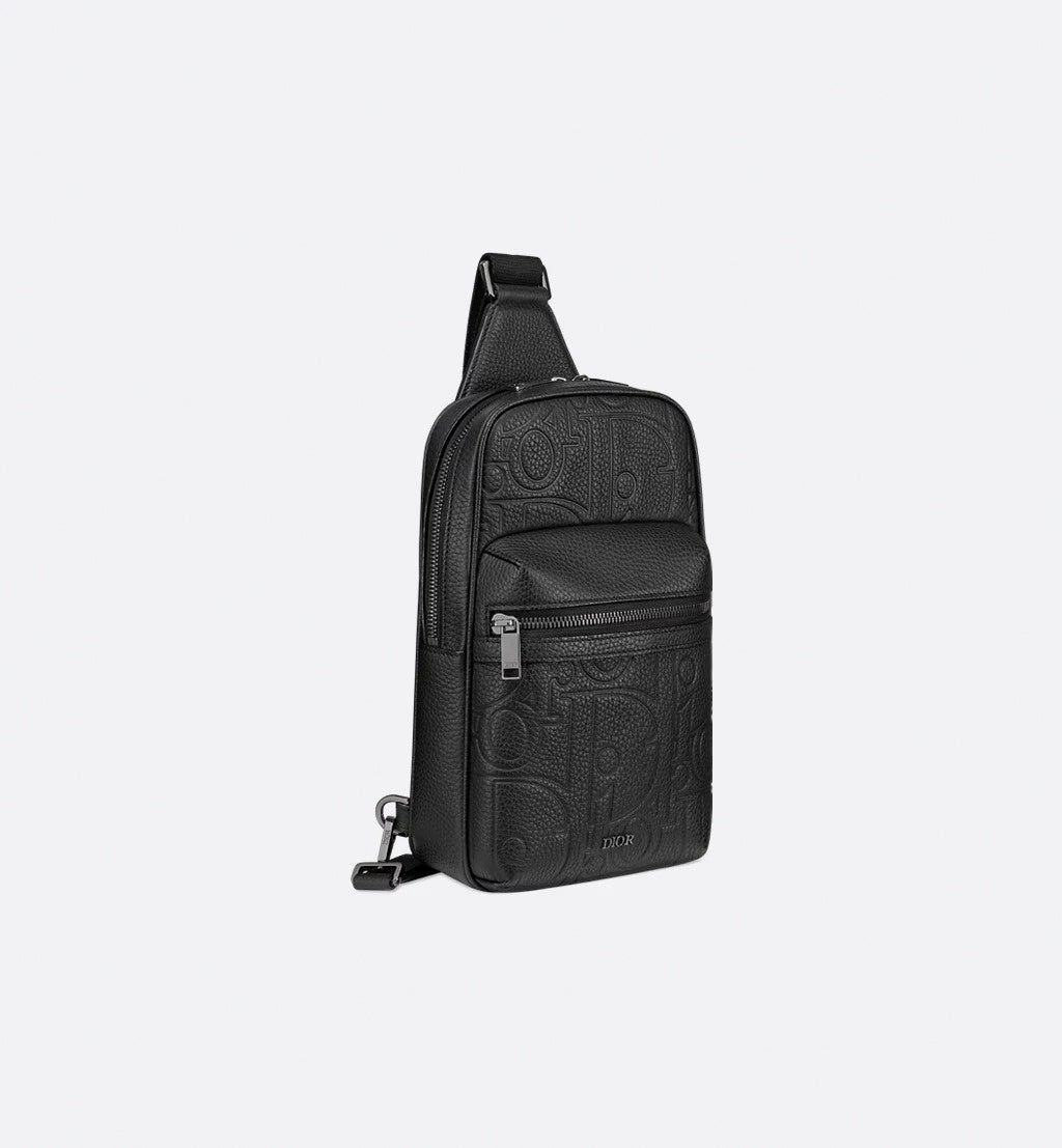 Oblique Embossed Leather Sling Bag (Black)