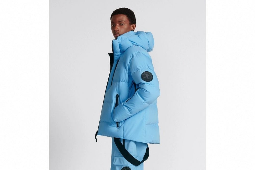 Hooded Down Jacket in Sky Blue Technical Taffeta