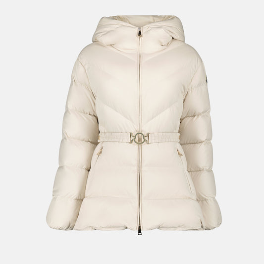 Cream Belted Hooded Puffer Jacket