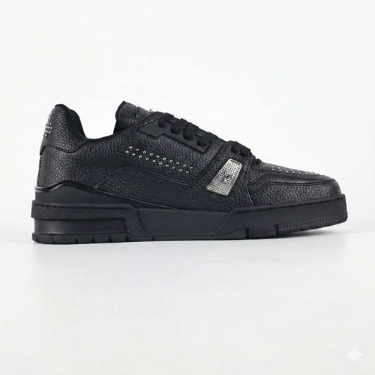 LV Black Leather Studded Low-Top Sneakers