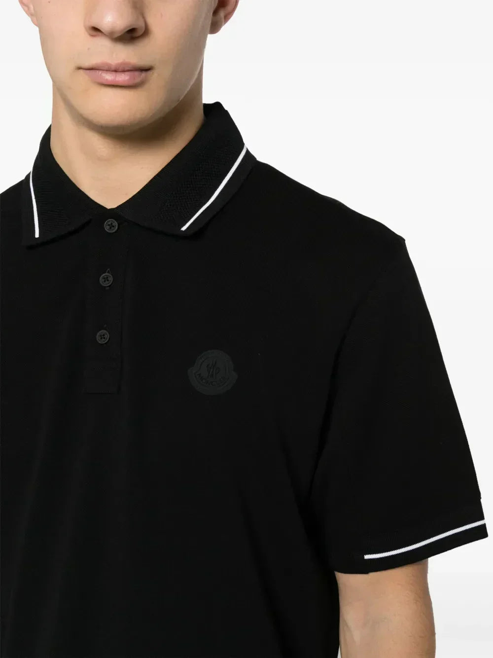Moncler Black Polo Shirt with Tonal Logo and Contrast Trim