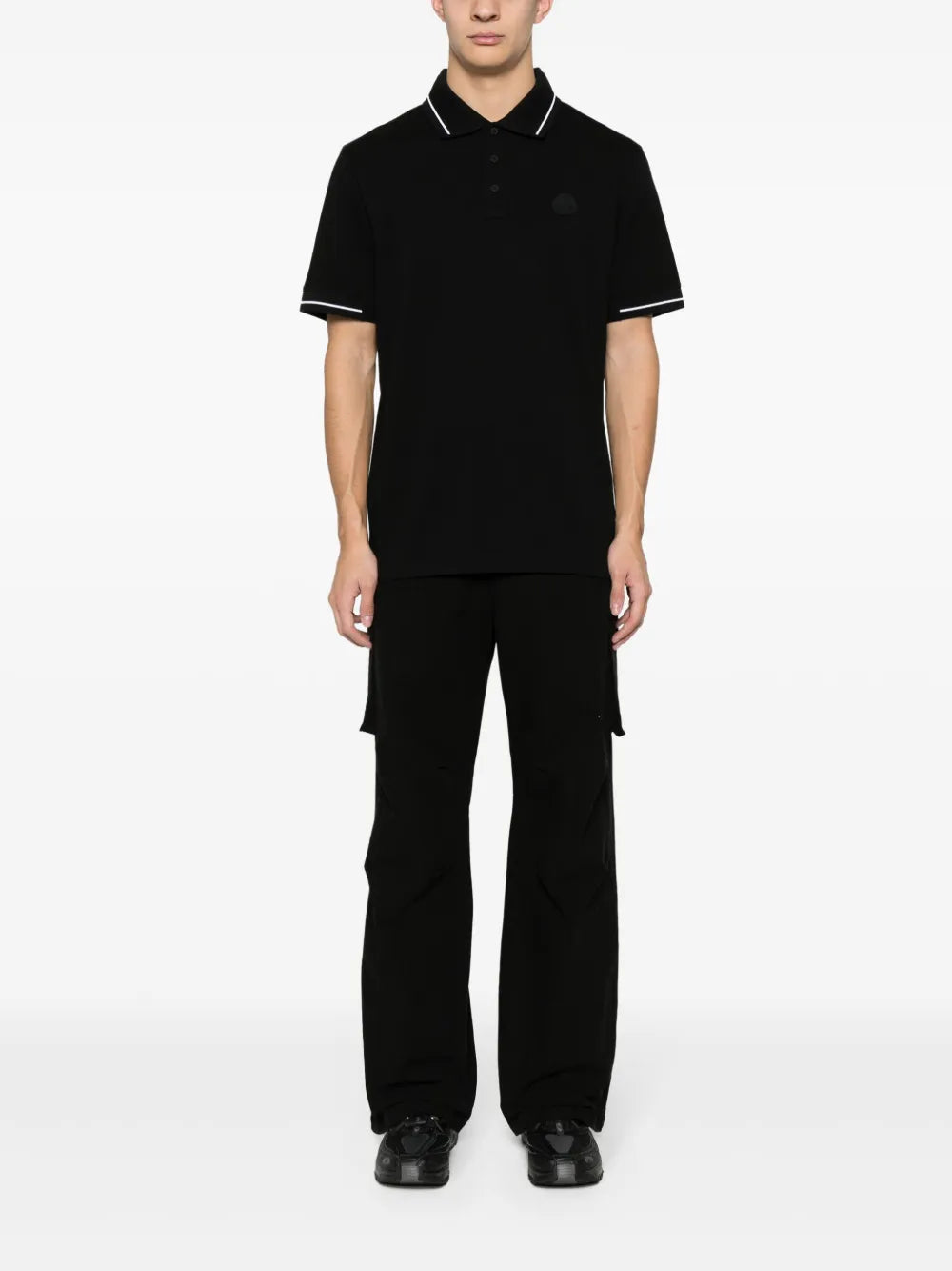 Moncler Black Polo Shirt with Tonal Logo and Contrast Trim