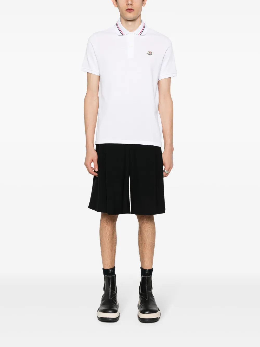 Moncler White Polo Shirt with Signature Tricolor Collar
