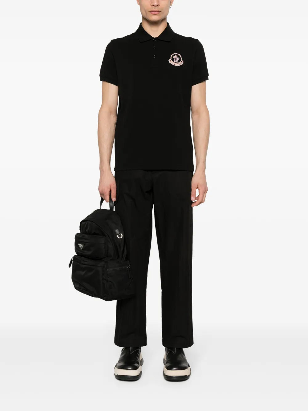Moncler Black Polo Shirt with Statement Embroidered Logo