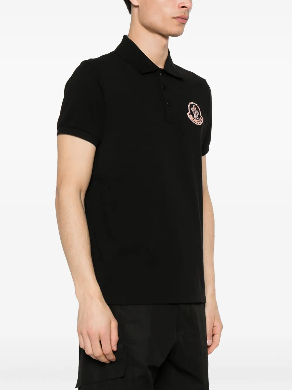 Moncler Black Polo Shirt with Statement Embroidered Logo