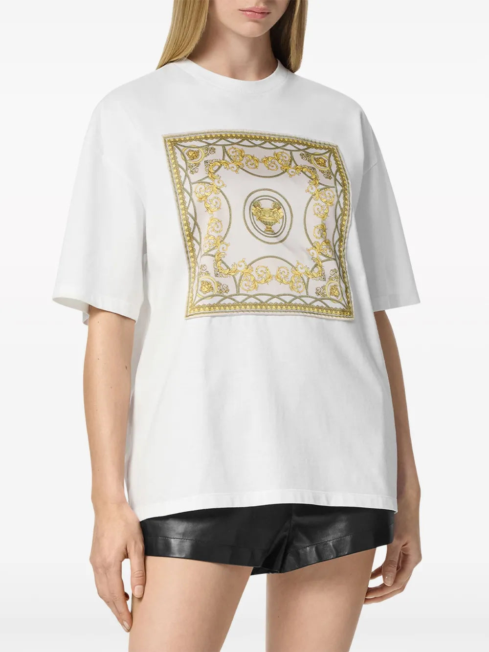 Baroque Print Oversized T-Shirt – White & Gold