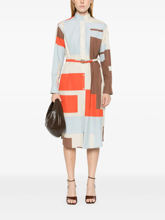 Abstract Color-Block Belted Shirt Dress