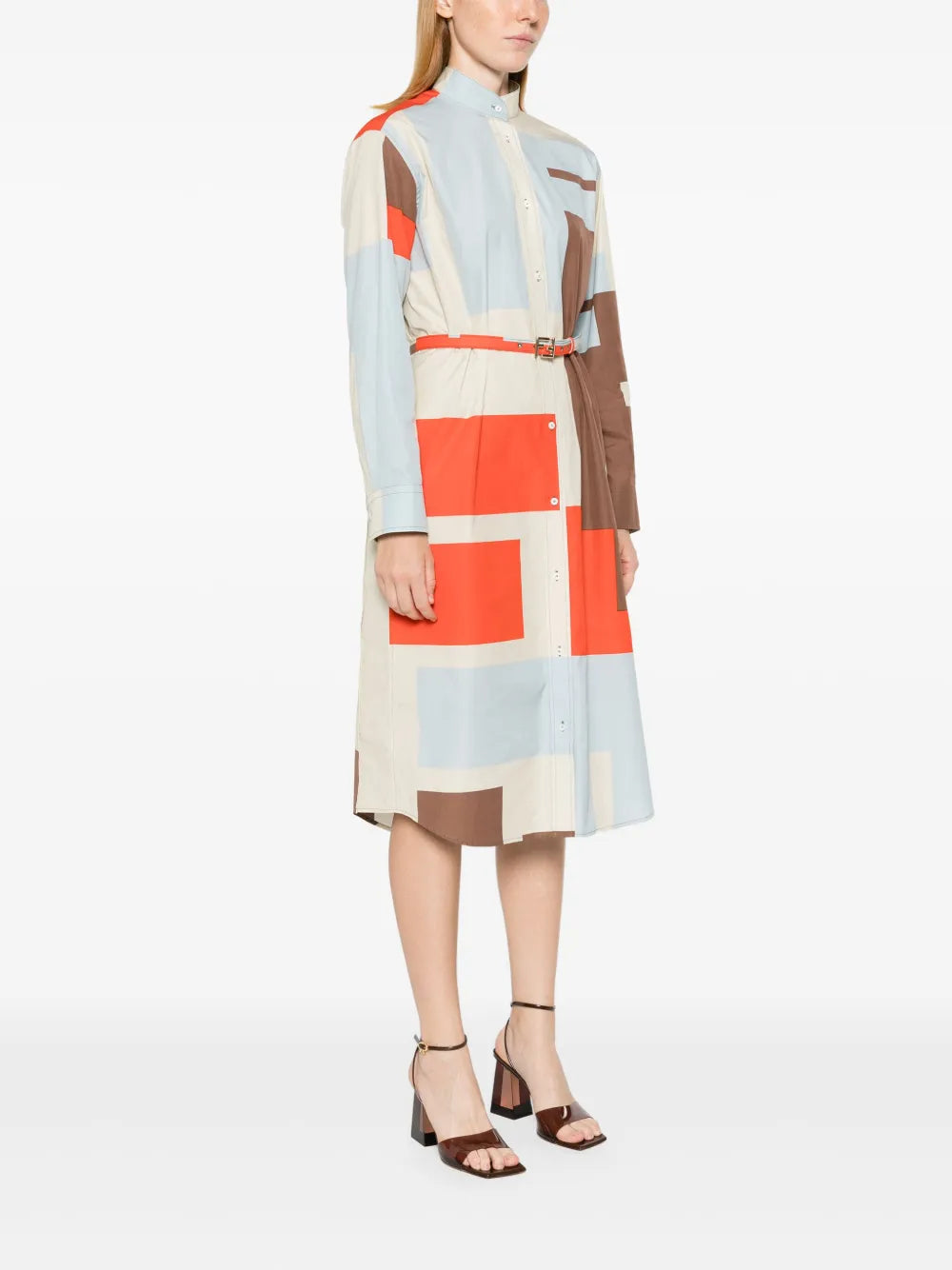 Abstract Color-Block Belted Shirt Dress
