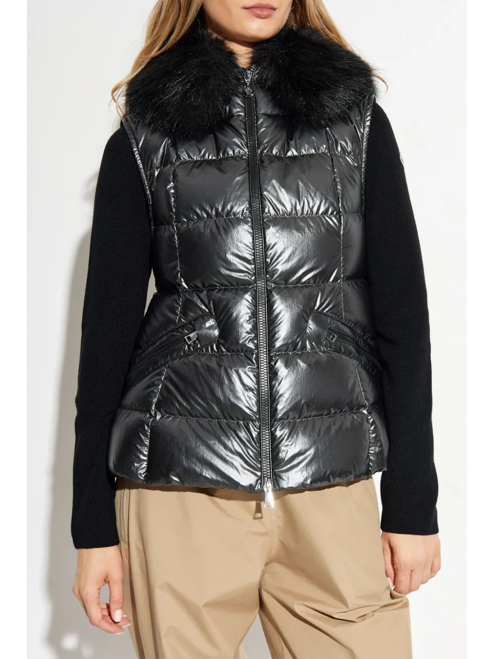 Glossy Fur-Trim Quilted Puffer Vest