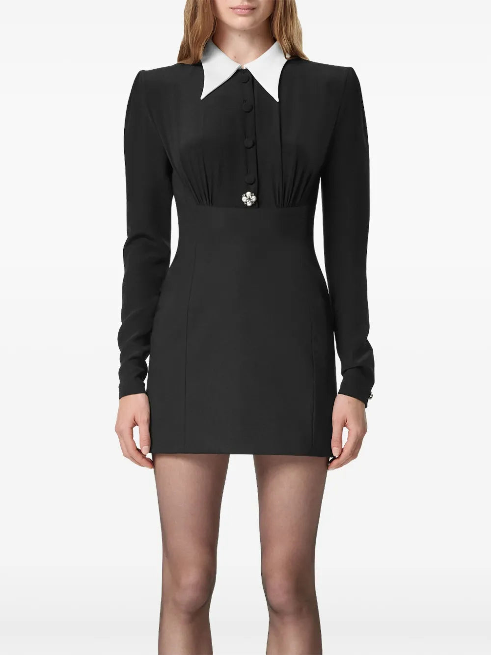 Contrast Collar Mini Dress with Ribbon Tie