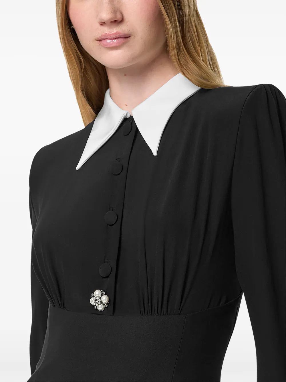 Contrast Collar Mini Dress with Ribbon Tie