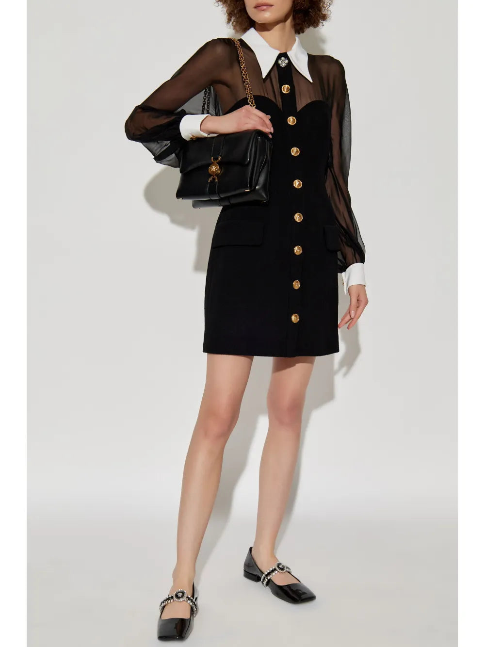 Sheer Sleeve Corset Mini Dress with Contrast Collar