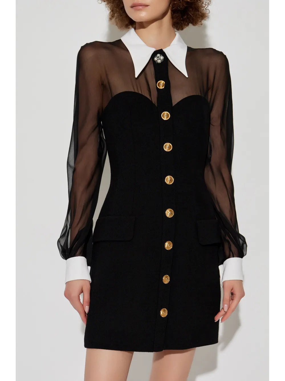 Sheer Sleeve Corset Mini Dress with Contrast Collar