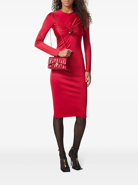 Ruched Midi Dress with Crystal Accent