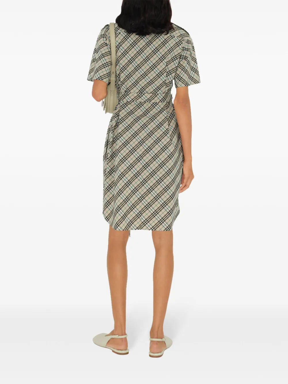 Short Sleeve Check Belted Shirt Dress – Light Beige