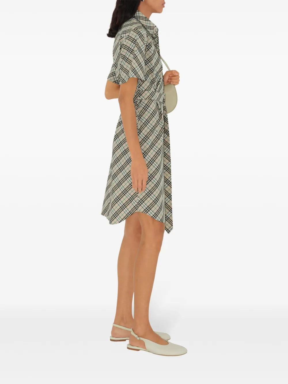 Short Sleeve Check Belted Shirt Dress – Light Beige