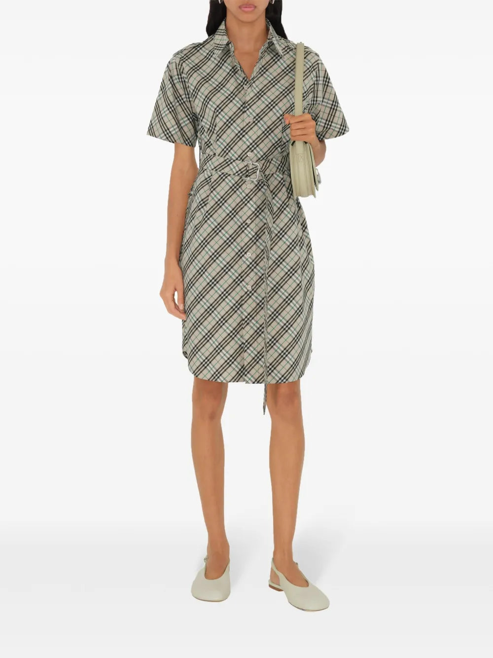 Short Sleeve Check Belted Shirt Dress – Light Beige