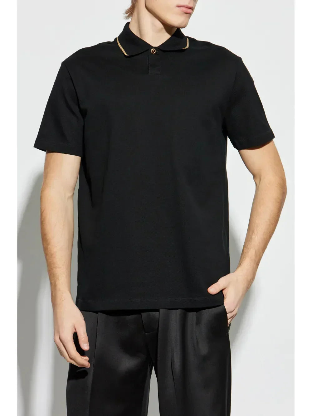 Versace Black Polo Shirt with Gold Medusa Button Detail