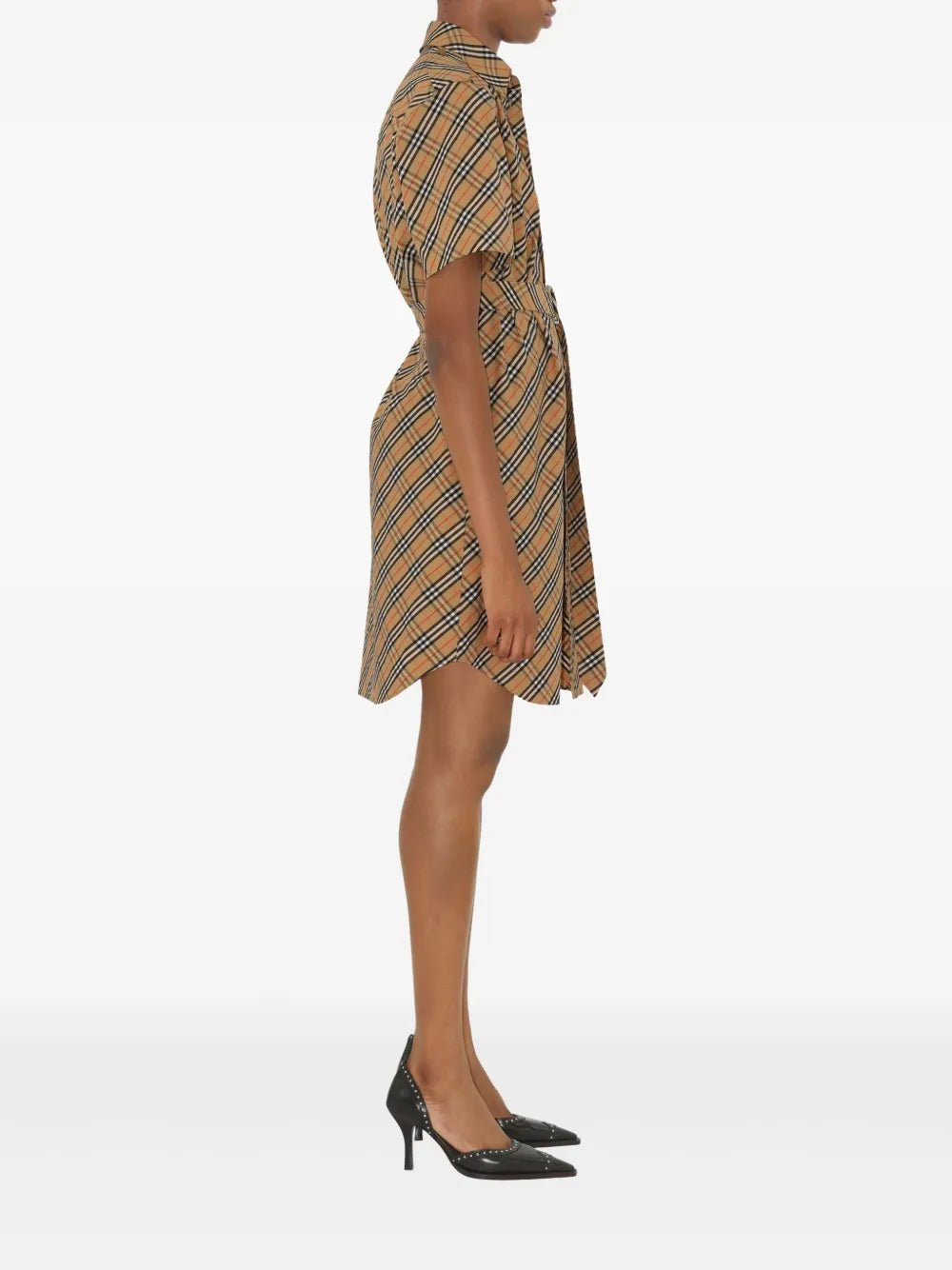 Short Sleeve Check Belted Shirt Dress