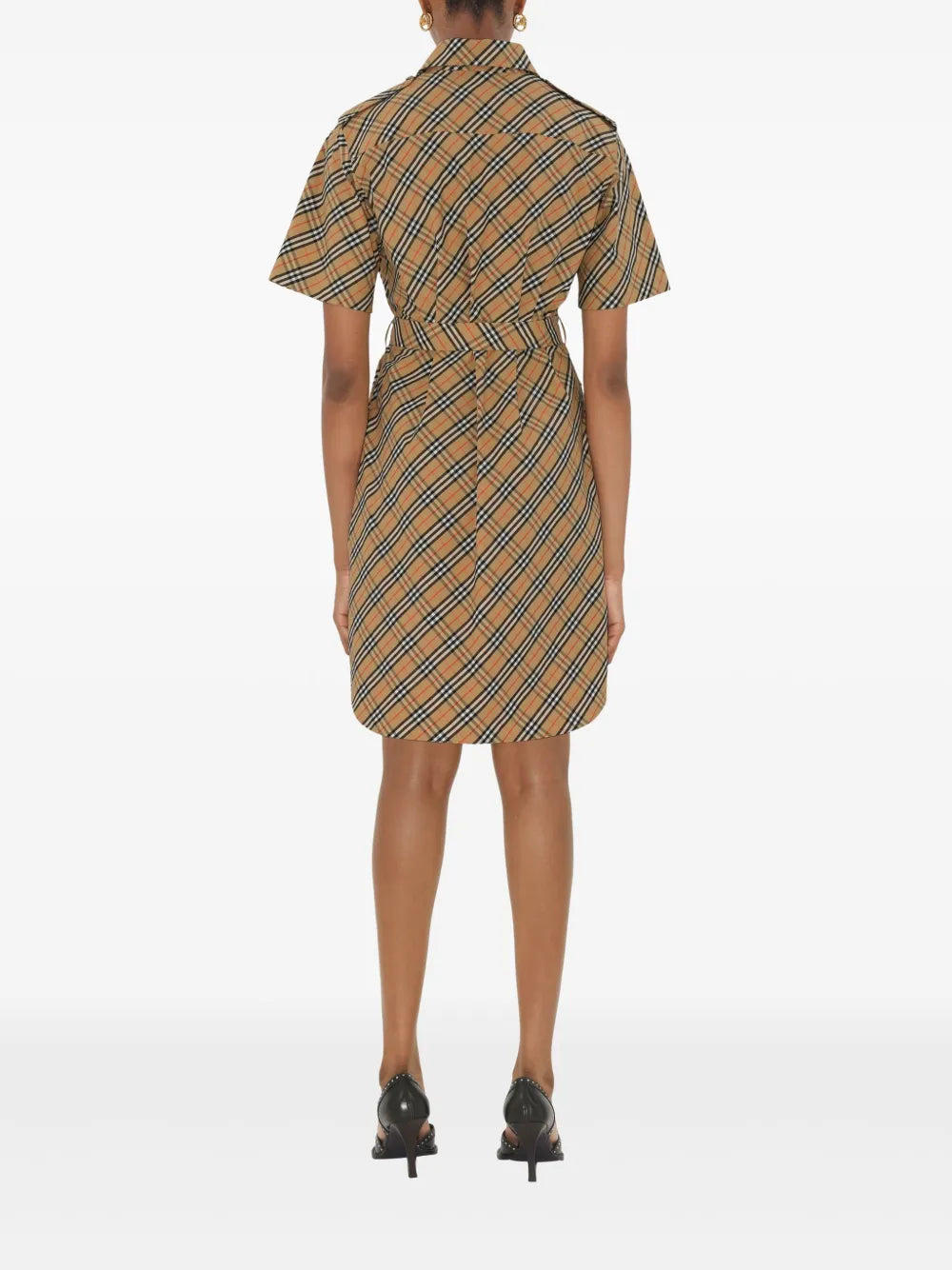 Short Sleeve Check Belted Shirt Dress