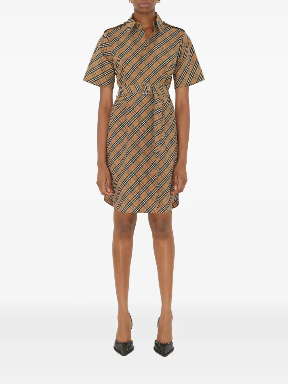 Short Sleeve Check Belted Shirt Dress