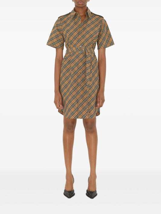 Short Sleeve Check Belted Shirt Dress