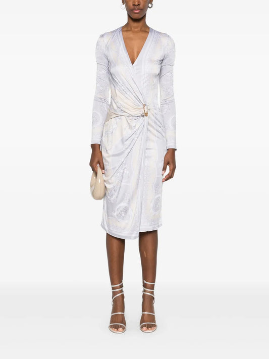 Baroque Print Wrap Midi Dress