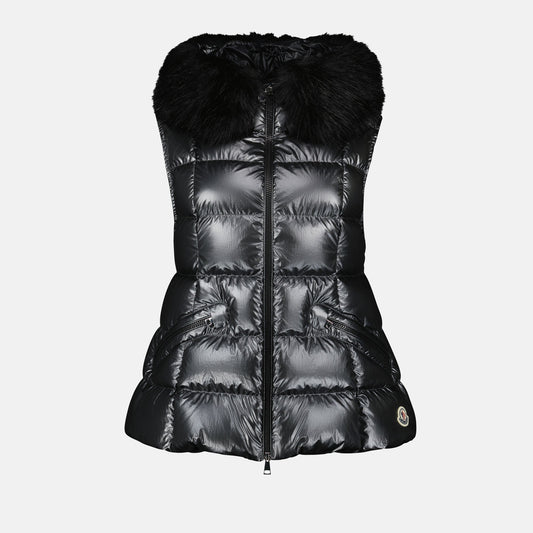 Glossy Fur-Trim Quilted Puffer Vest