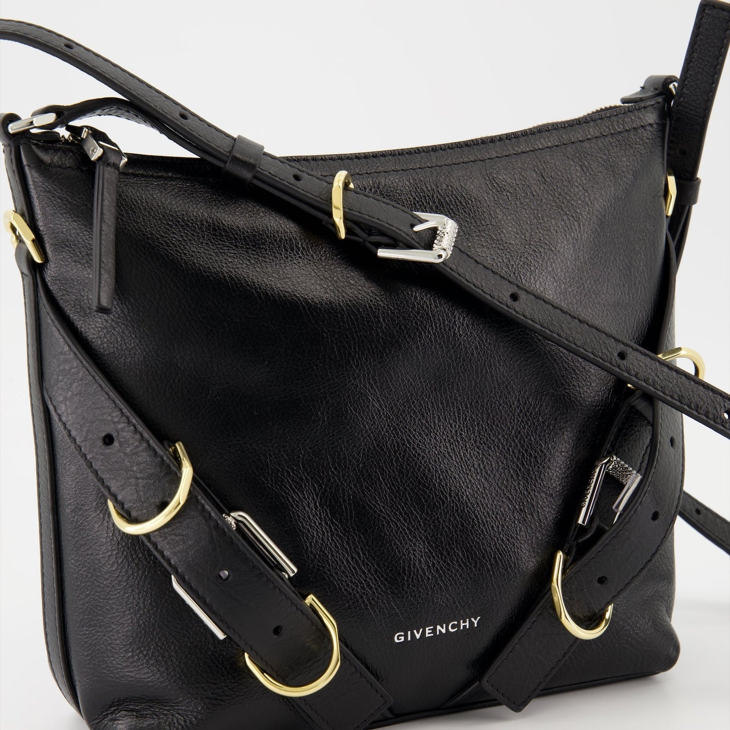 Black Leather Shoulder Bag with Strap Detail