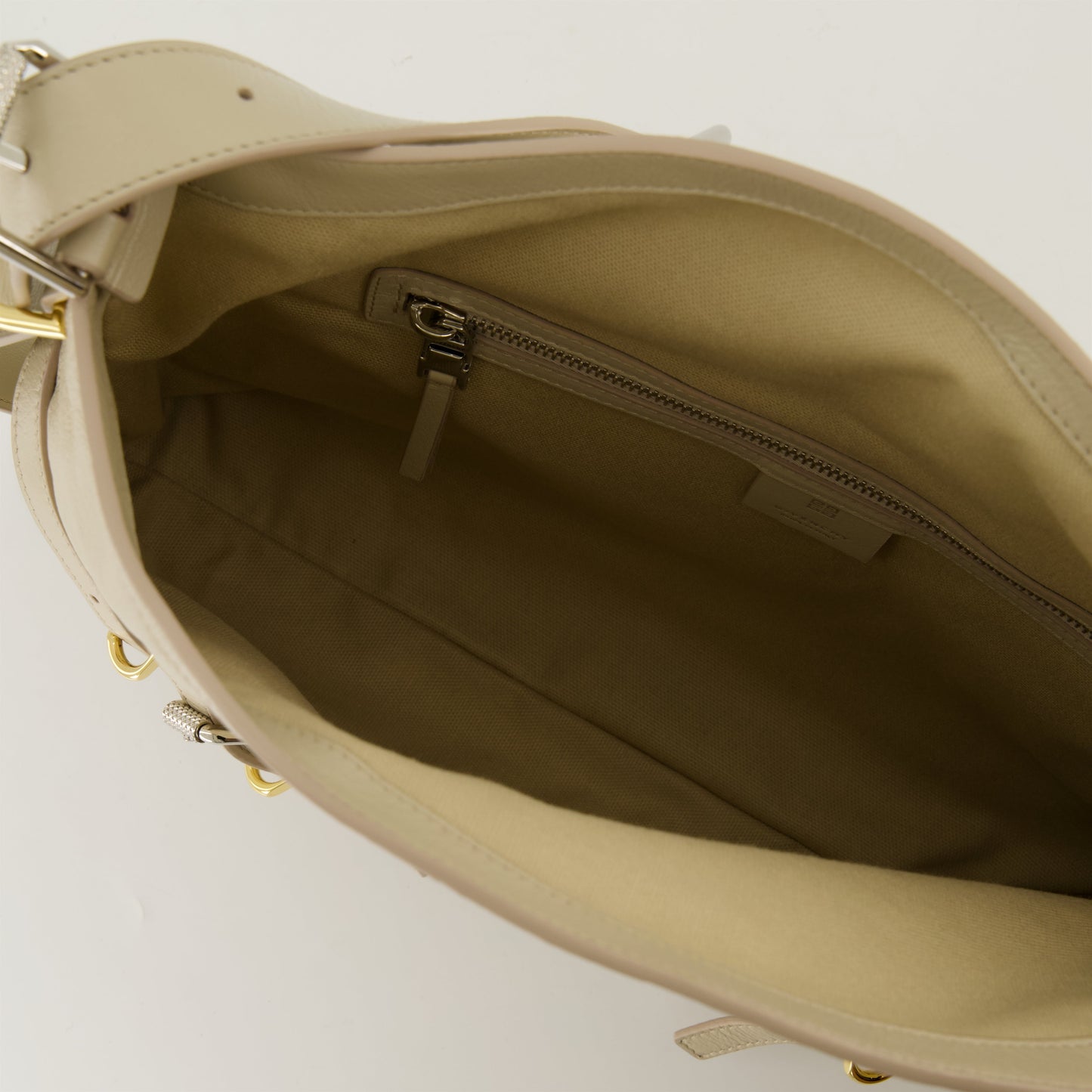 Beige Leather Slouchy Shoulder Bag with Harness Detail