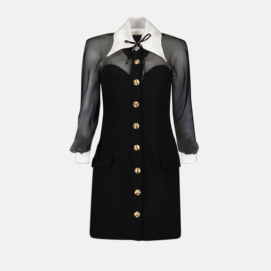 Sheer Sleeve Corset Mini Dress with Contrast Collar