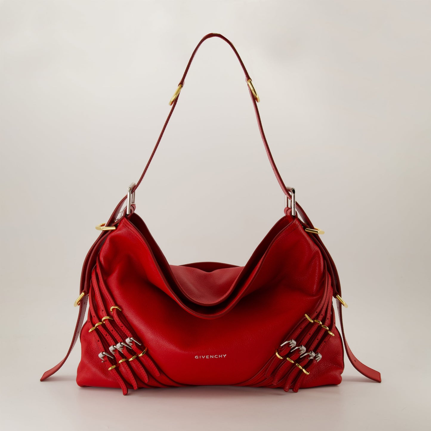 Red Leather Slouchy Shoulder Bag with Harness Detail