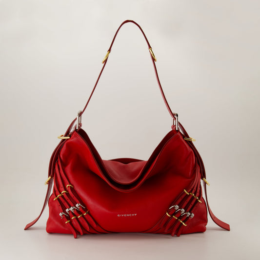 Red Leather Slouchy Shoulder Bag with Harness Detail