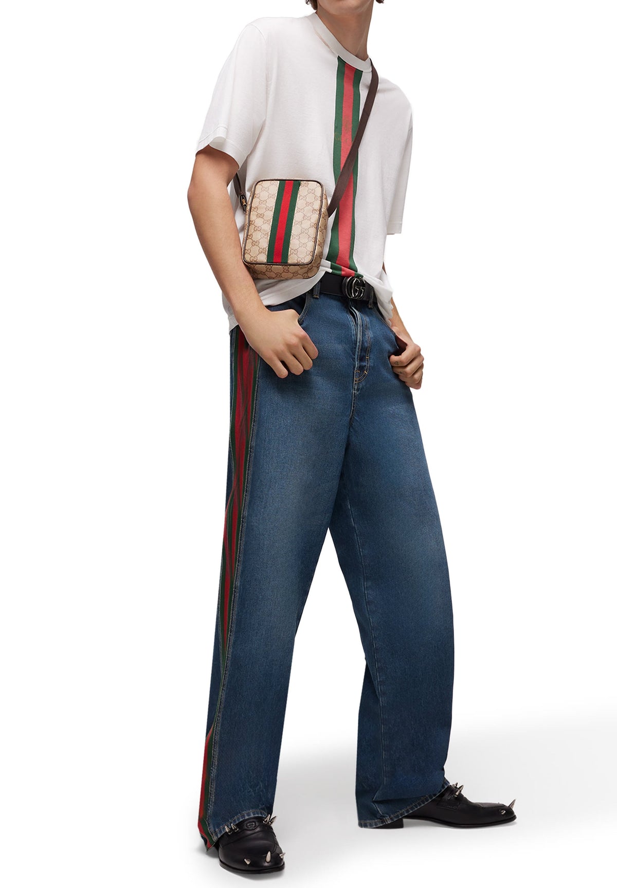 Cotton Denim Pants With Web Insert