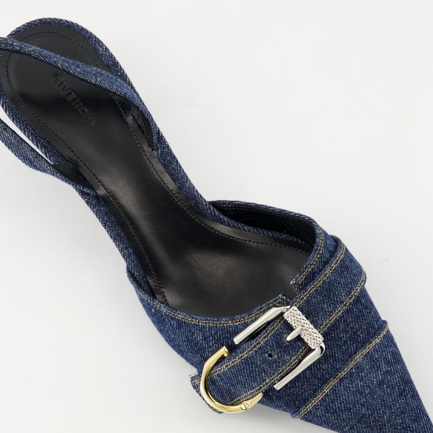 Denim Buckle Slingback Kitten Heels