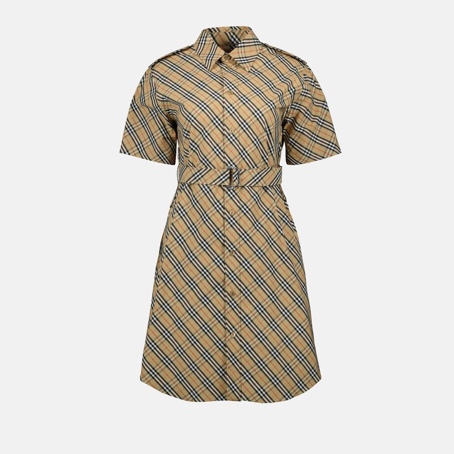 Short Sleeve Check Belted Shirt Dress