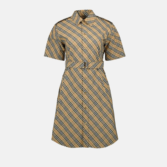 Short Sleeve Check Belted Shirt Dress