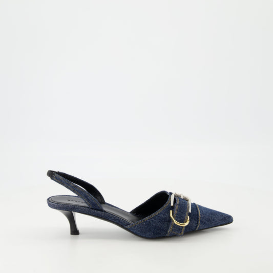 Denim Buckle Slingback Kitten Heels