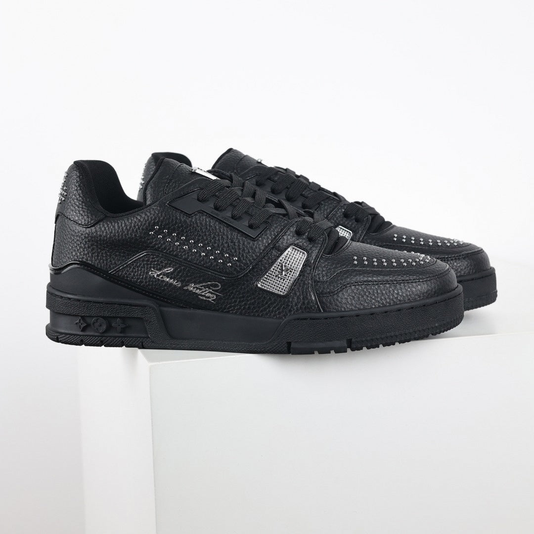 LV Black Leather Studded Low-Top Sneakers