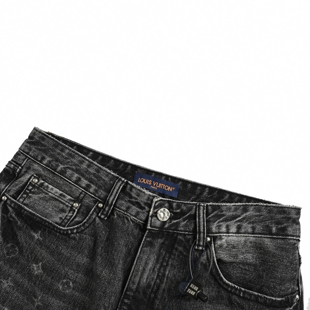 Black Washed Denim Jeans with Monogram & Cowboy Embroidery