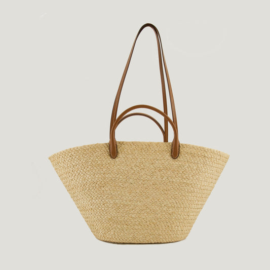Raffia Tote Bag with Leather Handles